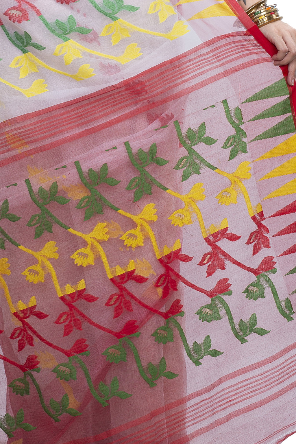 White Red Blended Cotton Moha_Jamdani Jamdani Saree (809)